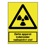 Advarselsskilte - Dette apparat indholder radioaktivt stof